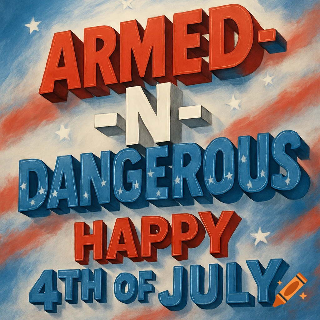 3D red, white, and blue text reads 'ARMED - N - DANGEROUS HAPPY 4TH OF JULY' on a patriotic sky background with stars.
