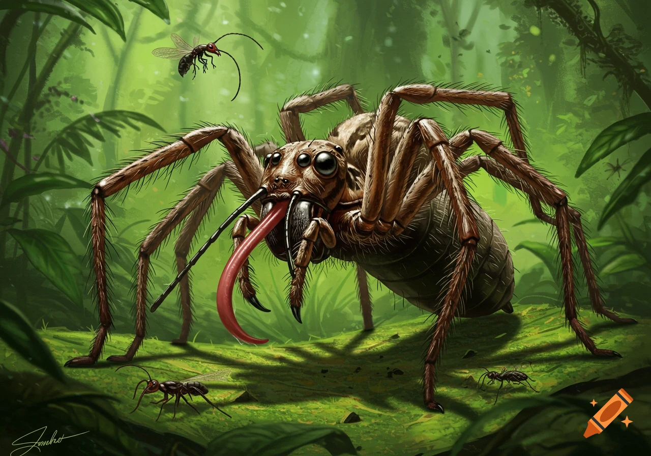 A detailed digital art illustration of a large brown spider-anteater hybrid creature with a long red tongue in a vibrant green jungle.