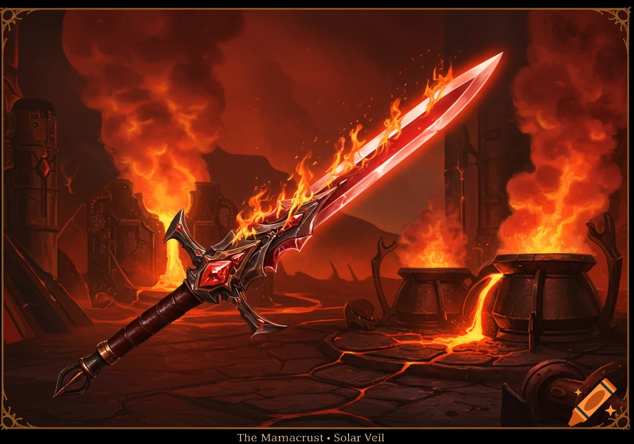 A fiery, ruby-encrusted sword glows in a dark steampunk forge with molten lava and steaming crucibles.