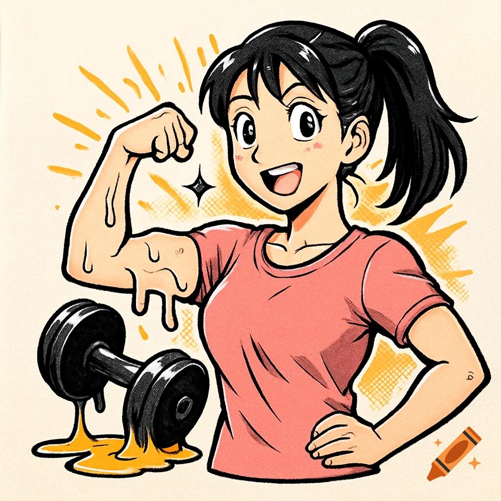 A manga-style illustration of a woman flexing her bicep next to a melted dumbbell, with a bright background.