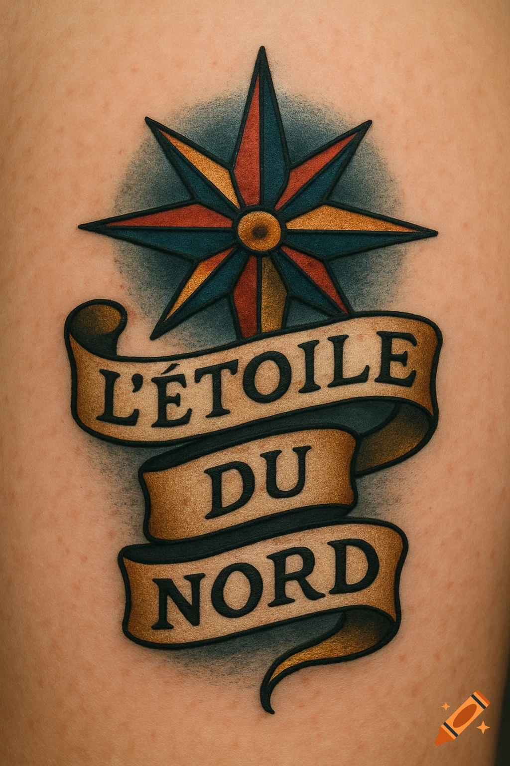 A vibrant traditional tattoo of a red, blue, and gold star above a banner reading "L'\u00c9TOILE DU NORD" on skin.