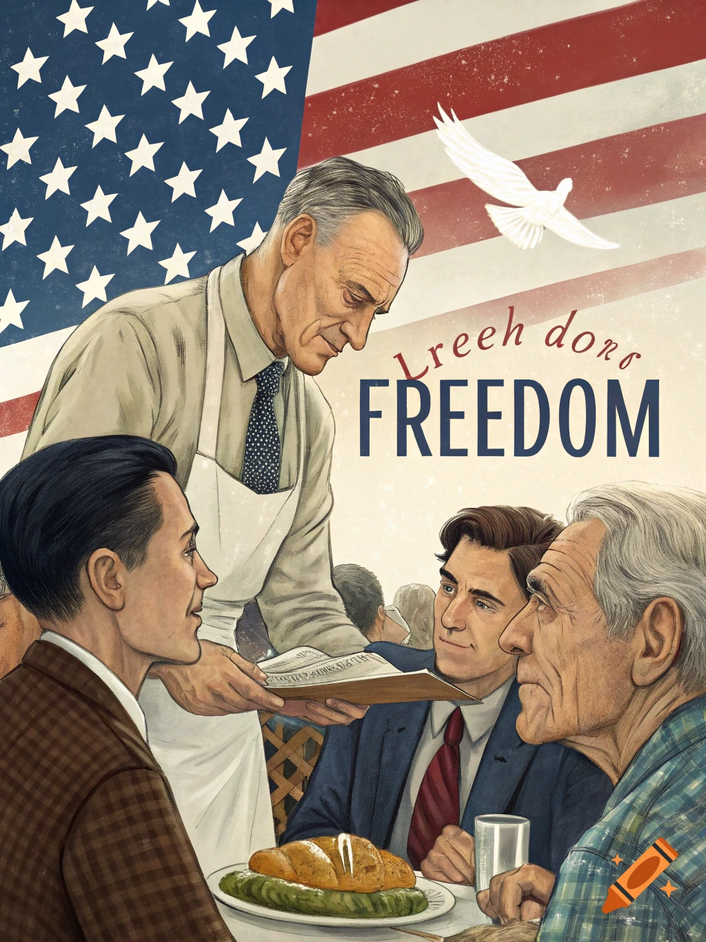 Vintage-style illustration of a waiter serving men in a diner, with an American flag, a dove, and the word "FREEDOM" in the background.