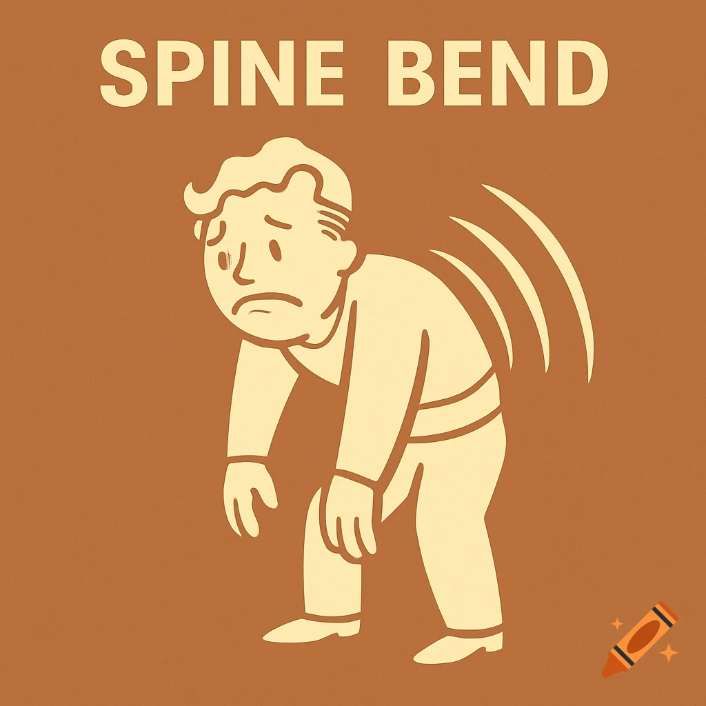 A cartoon character similar to Fallout's Vault Boy, bent over with a sad expression and pain lines on his back. Text reads 'SPINE BEND'.