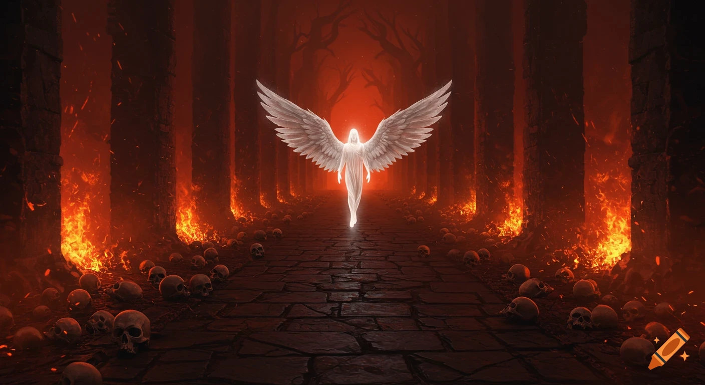 A glowing white angel stands on a path surrounded by skulls and fire in a dark, hell-like landscape with trees.