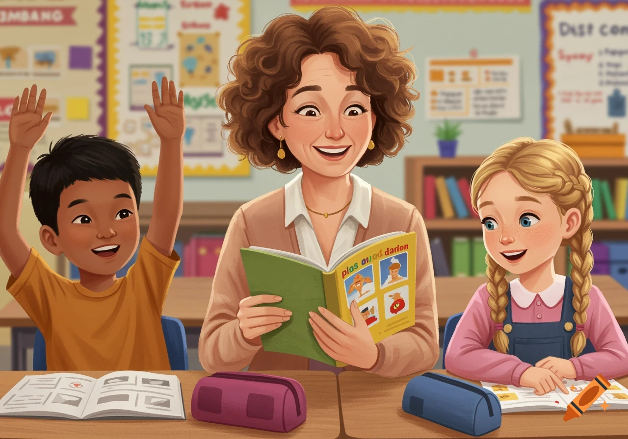 A smiling teacher reads a book to two young students in a brightly lit classroom. One student raises his hand, the other looks on.