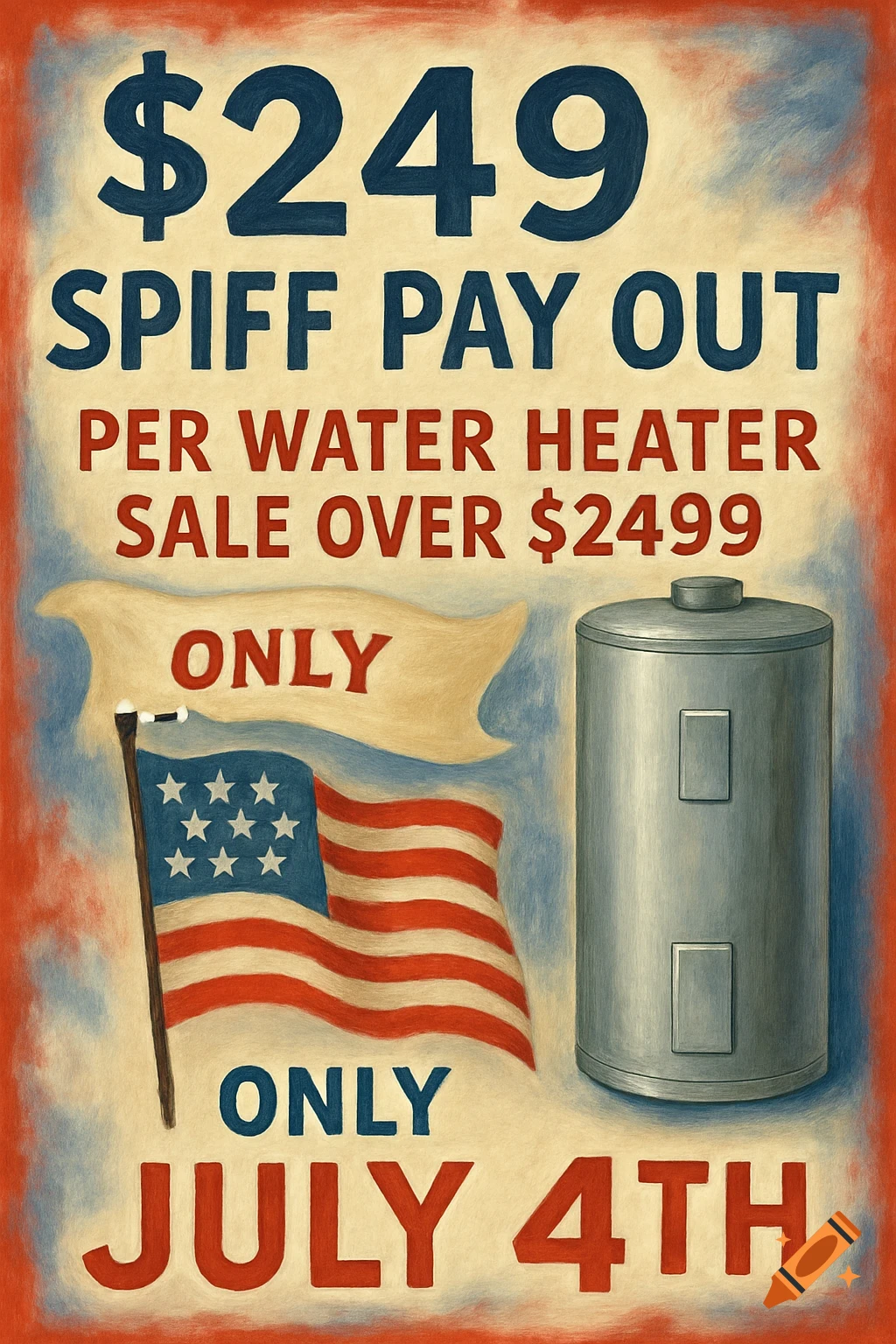 A vintage-style July 4th advertisement poster with text "$249 Spiff Pay Out", a water heater, and an American flag.