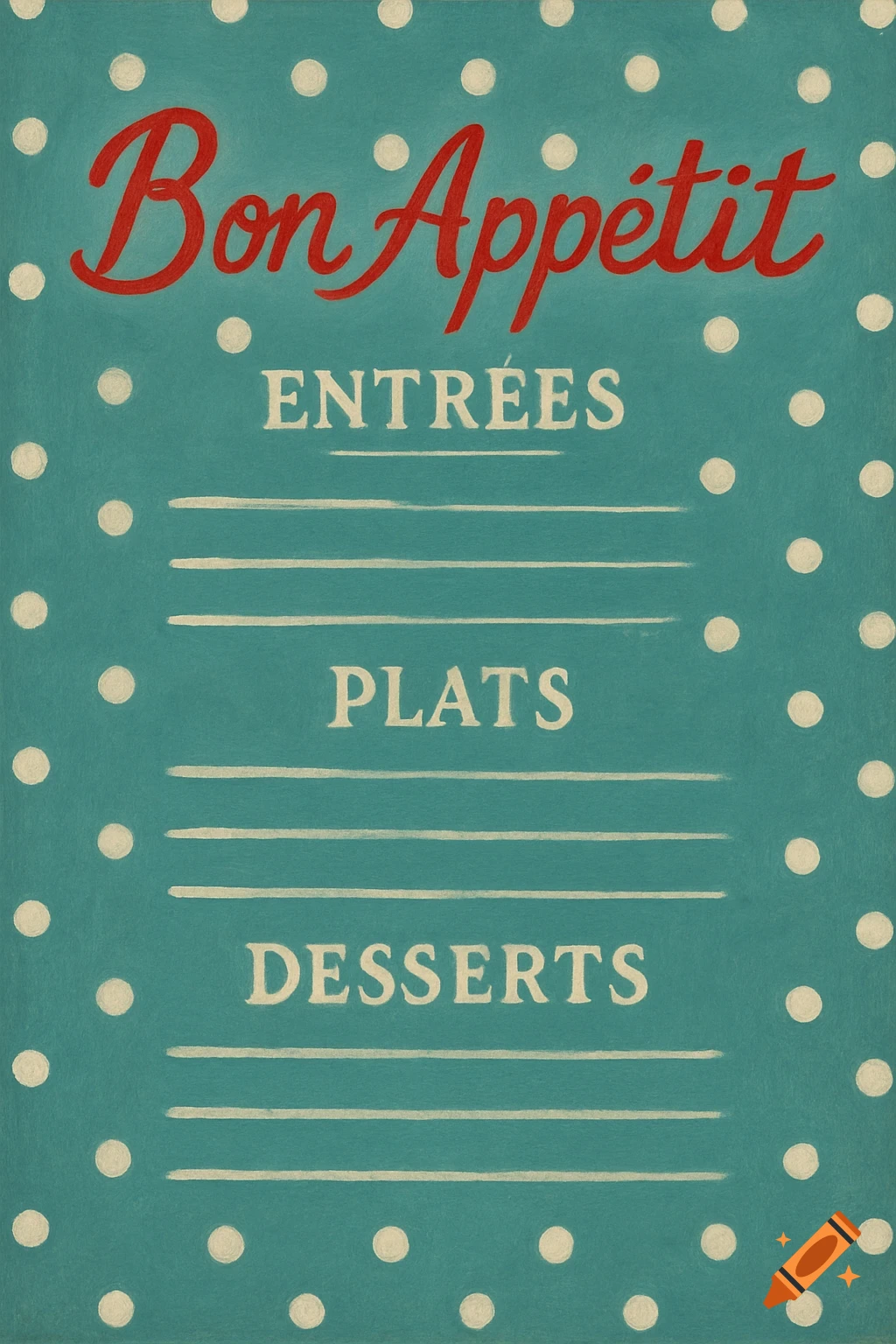 A vintage-style French menu with a teal polka dot background and red Bon App Aptit title.