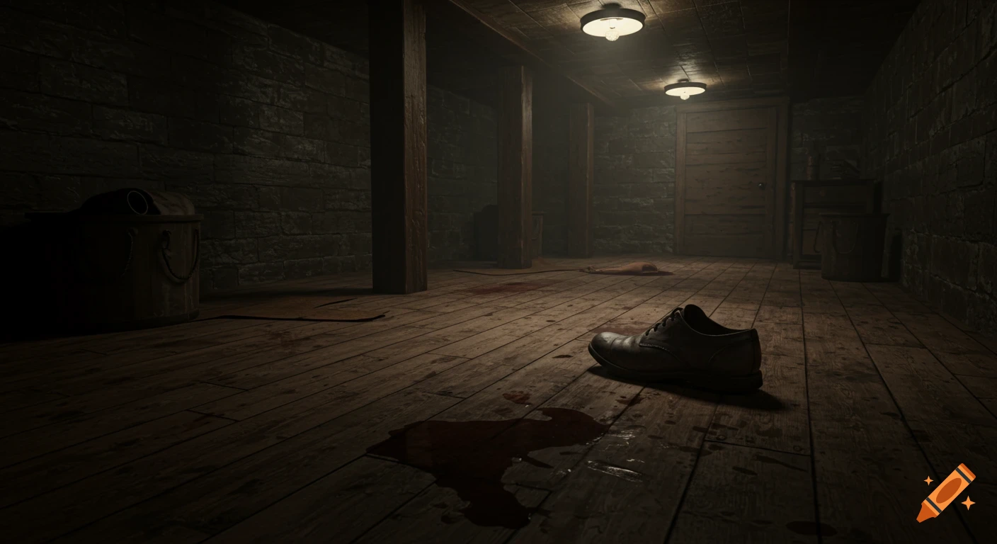 Dark, eerie photorealistic basement with bloodstains on wooden floorboards and a single shoe, suggesting a crime scene.