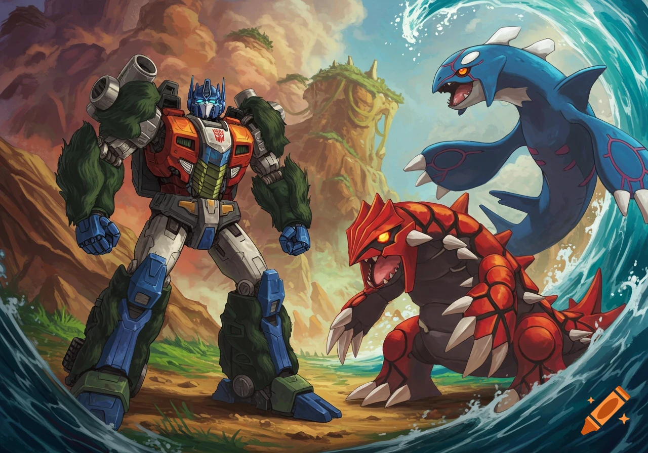 Optimus Primal battles Groudon and Kyogre in an epic illustrative scene.