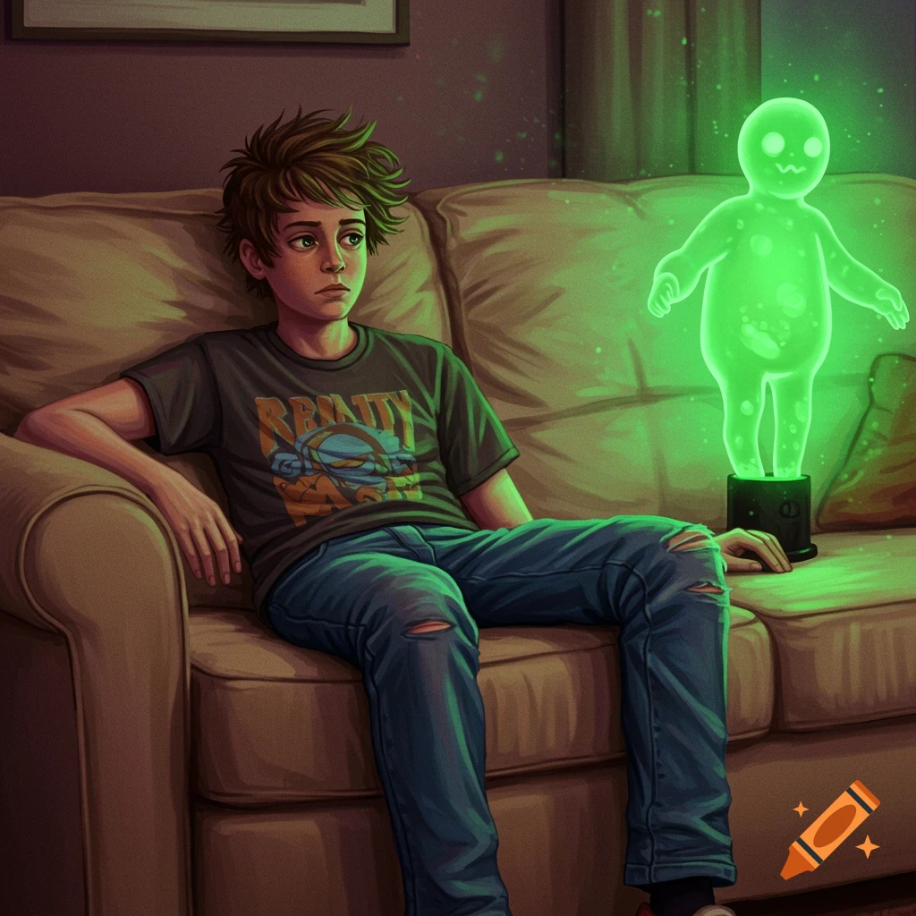 A teenage boy with messy hair sits on a brown couch, looking at a glowing green humanoid hologram next to him in a dimly lit room.