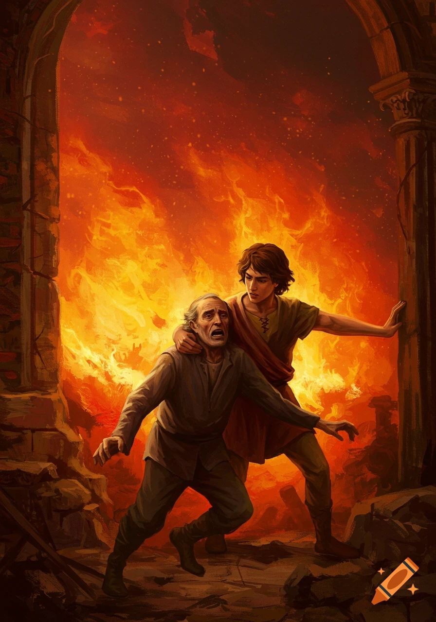 A younger man helps an older man escape a burning building amidst flames and rubble in a dramatic, illustrative style.