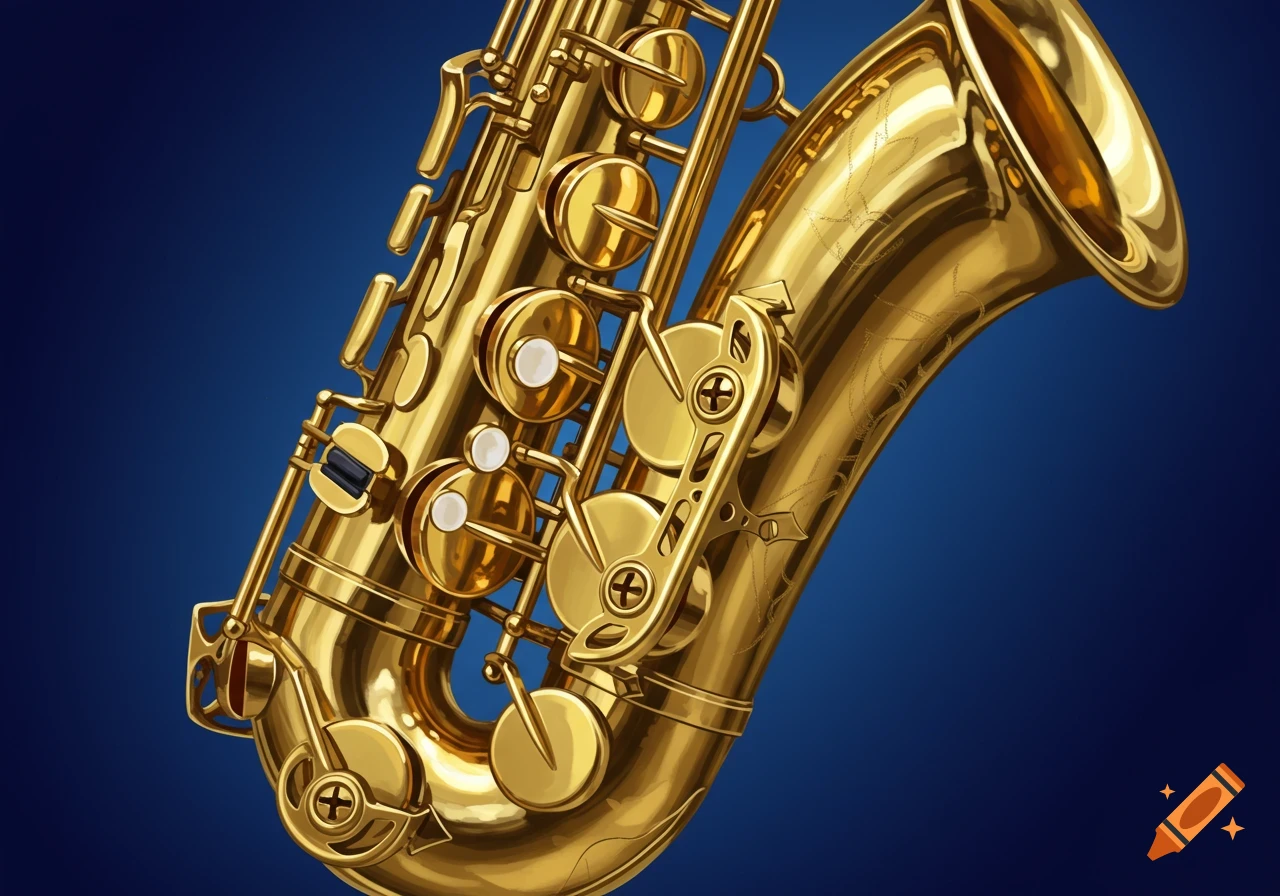 Close-up of a gleaming golden saxophone against a deep blue background, showcasing its intricate keys and metallic sheen.