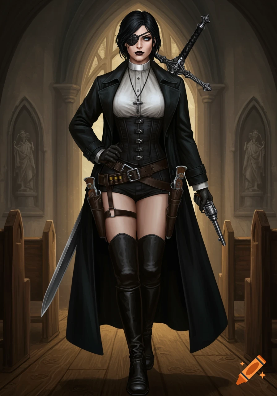 A fantasy woman with an eyepatch, black duster, corset, and boots, holding a revolver with a sword on her back in a church.
