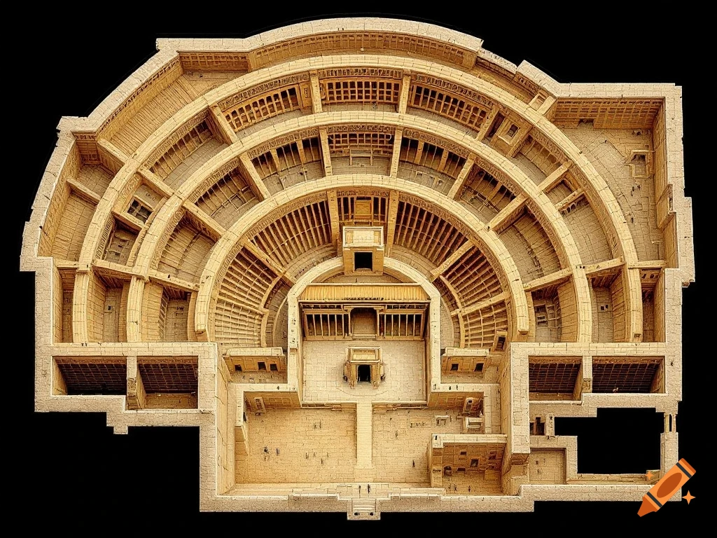 A detailed, top-down view of an ancient, concentric architectural floor plan with multiple levels and chambers.
