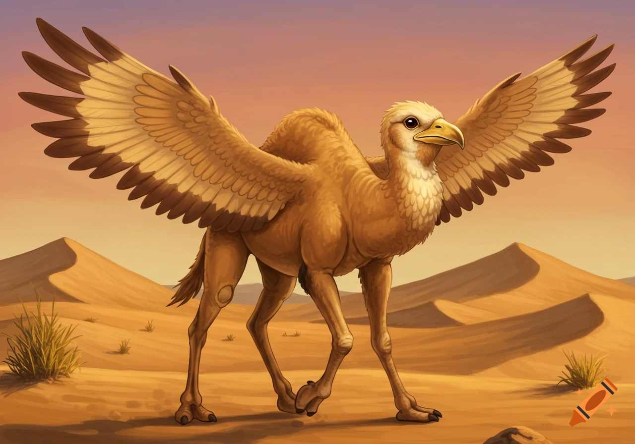 A winged camel-bird hybrid stands in a sandy desert landscape under a clear sky, rendered in an illustrative style.