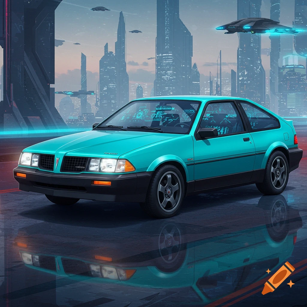 A teal futuristic car with glowing screens on its windshield is parked in a neon-lit cityscape with flying vehicles in the sky.
