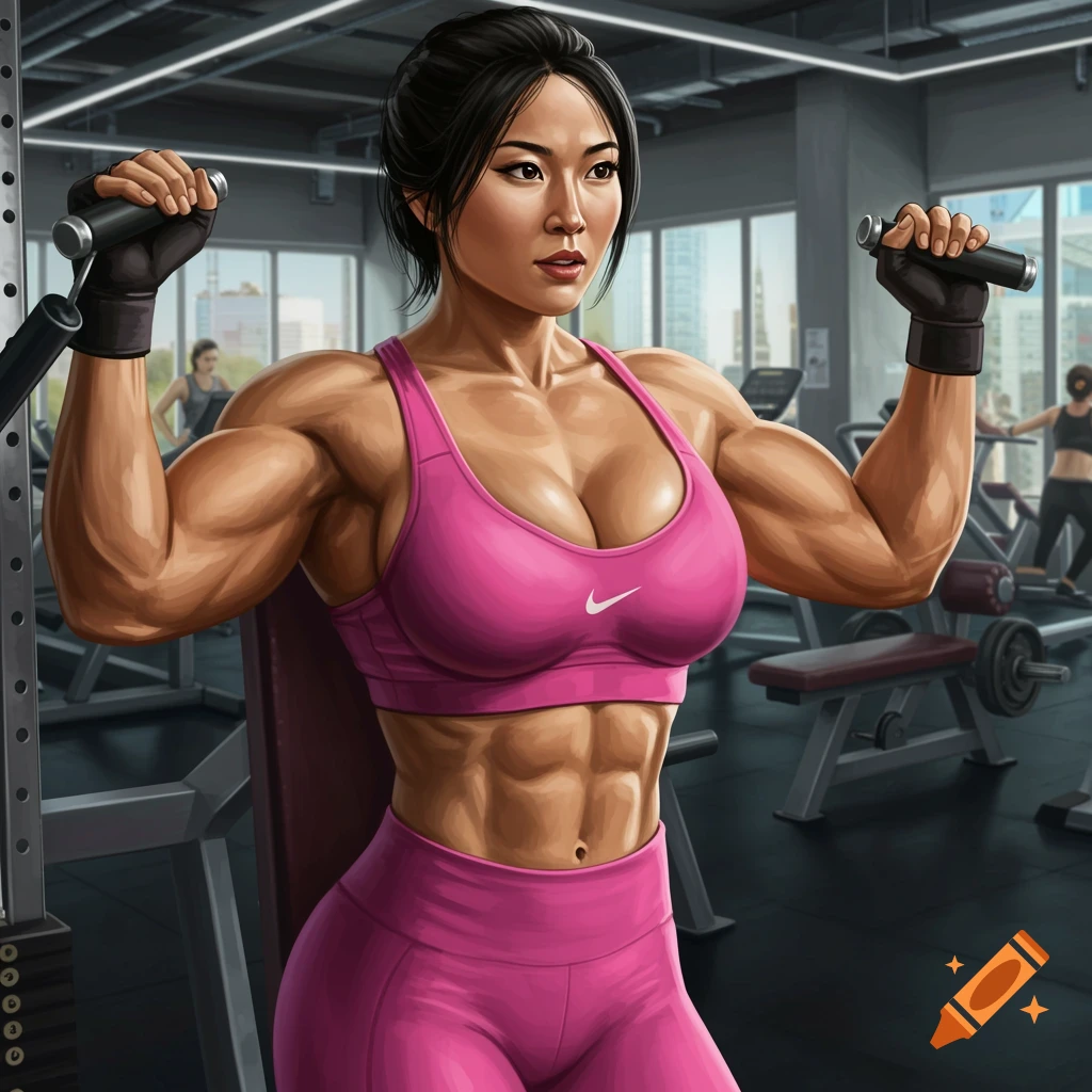 Muscular woman in a pink sports bra and leggings lifting weights in a gym.