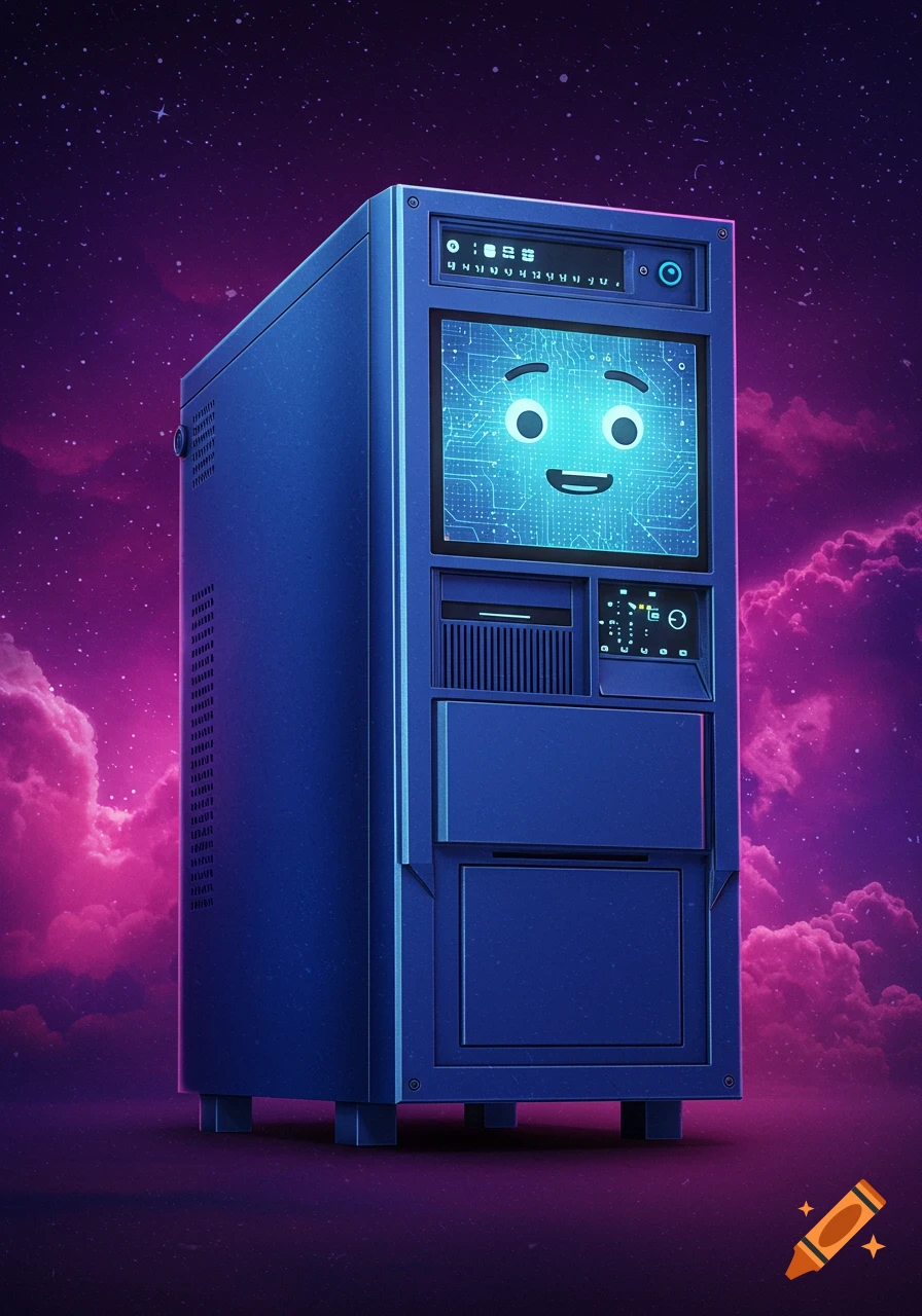 A blue computer tower with a smiling face on its screen, set against a purple and pink nebula background.