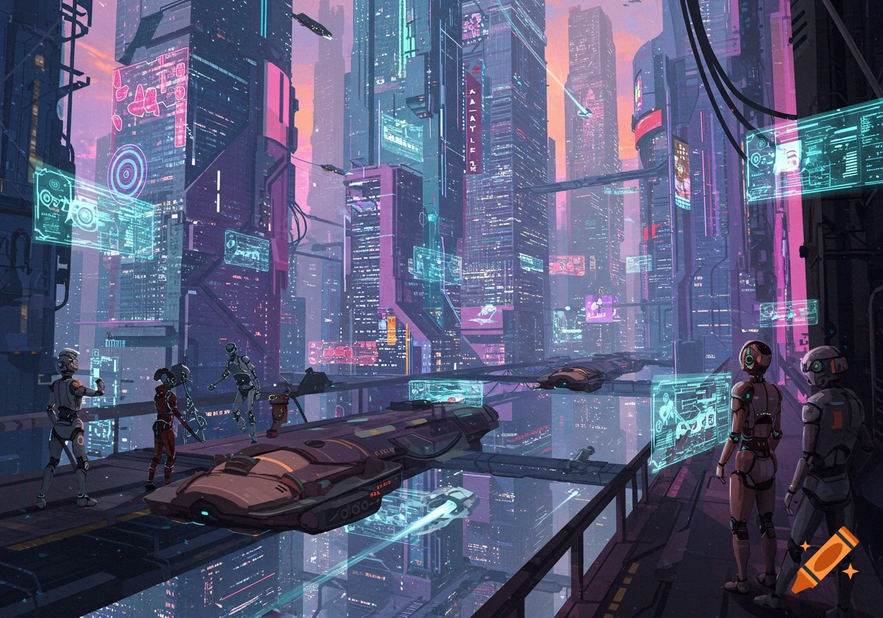 A vibrant cyberpunk city at sunset, with neon-lit skyscrapers, flying vehicles, and several robots on an elevated platform.