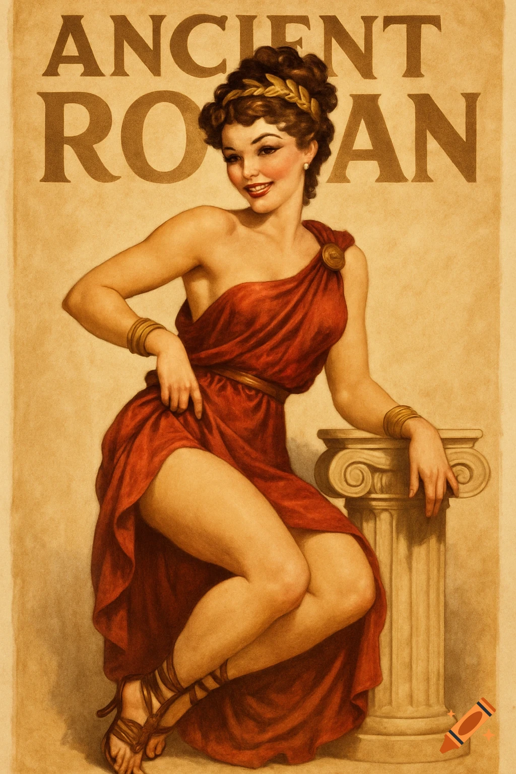 Pin-up style illustration of a woman in a red Roman toga next to a column with 'ANCIENT ROMAN' text.