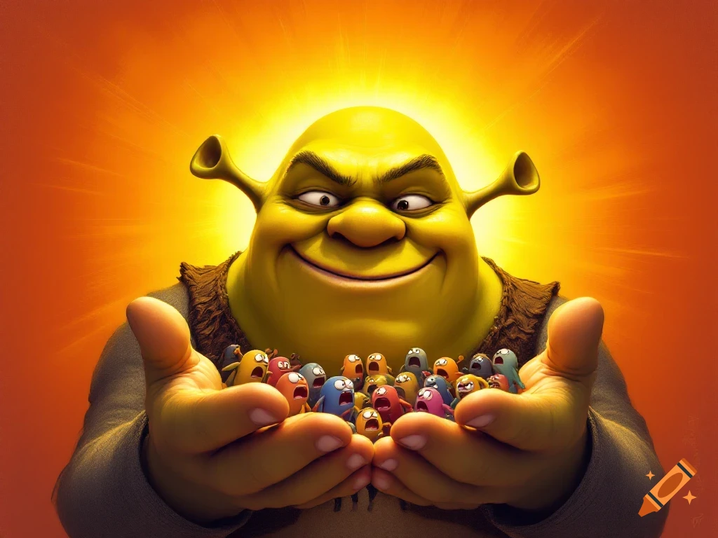 Shrek's head with sunburst background, holding tiny, scared Among Us crewmates in his large hands.