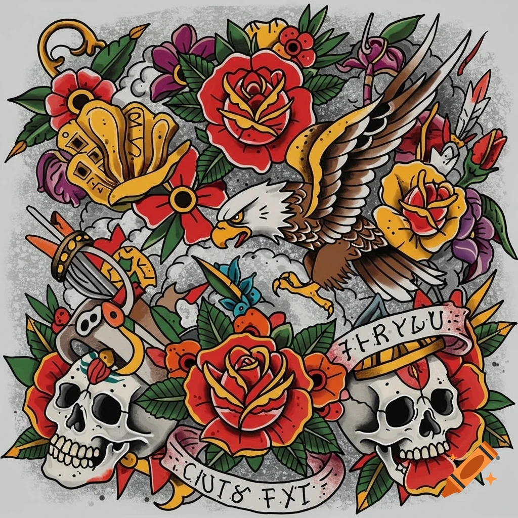 Colorful American traditional tattoo design featuring an eagle, roses, skulls, and other symbolic elements on a light gray background.