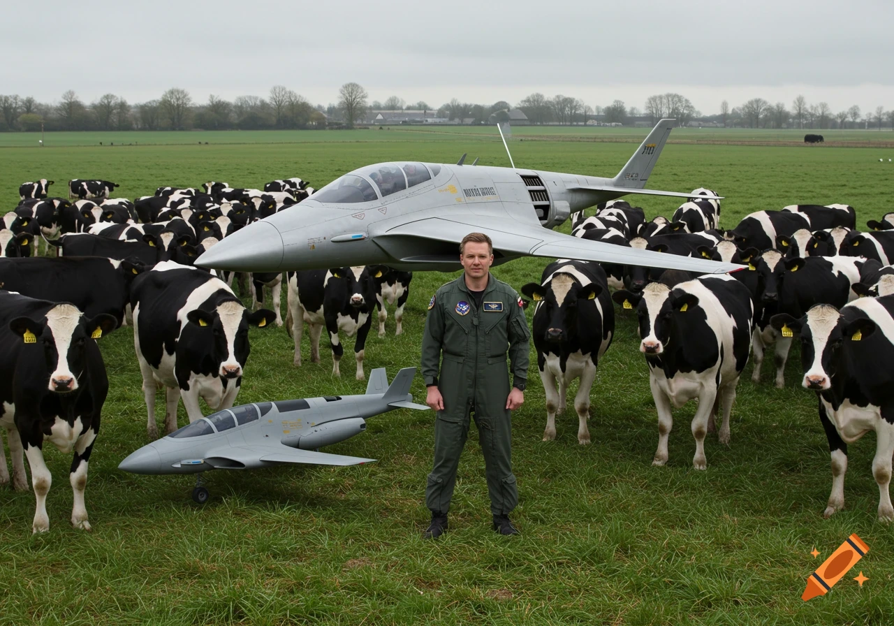 A photorealistic image of a pilot in a flight suit standing in a grassy field with a large futuristic jet and a smaller model jet, surrounded by black and white cows.