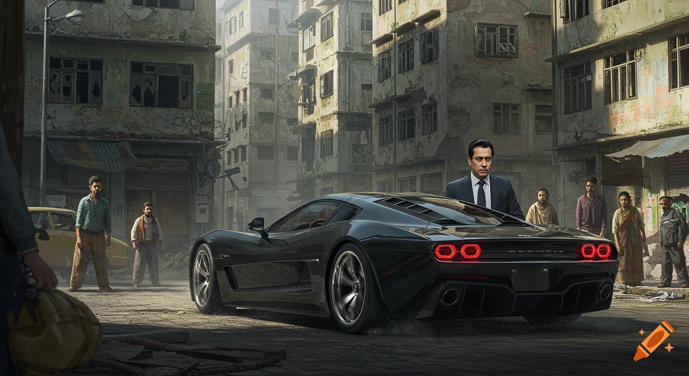 Photorealistic image of a man in a suit standing by a black sports car in a rundown city with people looking on.
