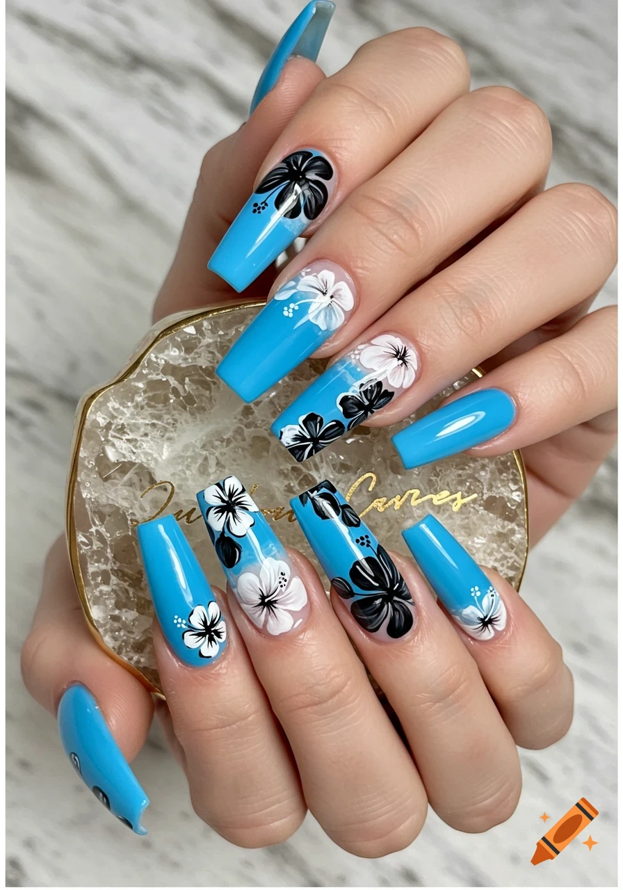 Close-up of a hand with long, coffin-shaped blue nails featuring white and black hibiscus flower designs.