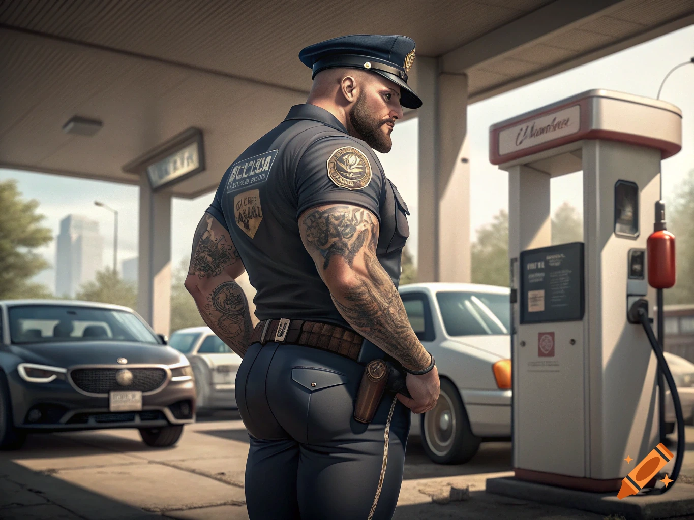 A muscular, tattooed male police officer stands at a gas station, looking over his shoulder. Photorealistic.