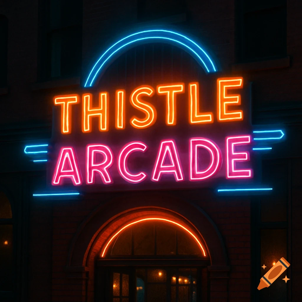 Retro neon sign for 'THISTLE ARCADE' in bright orange, pink, and blue against a dark brick building at night.