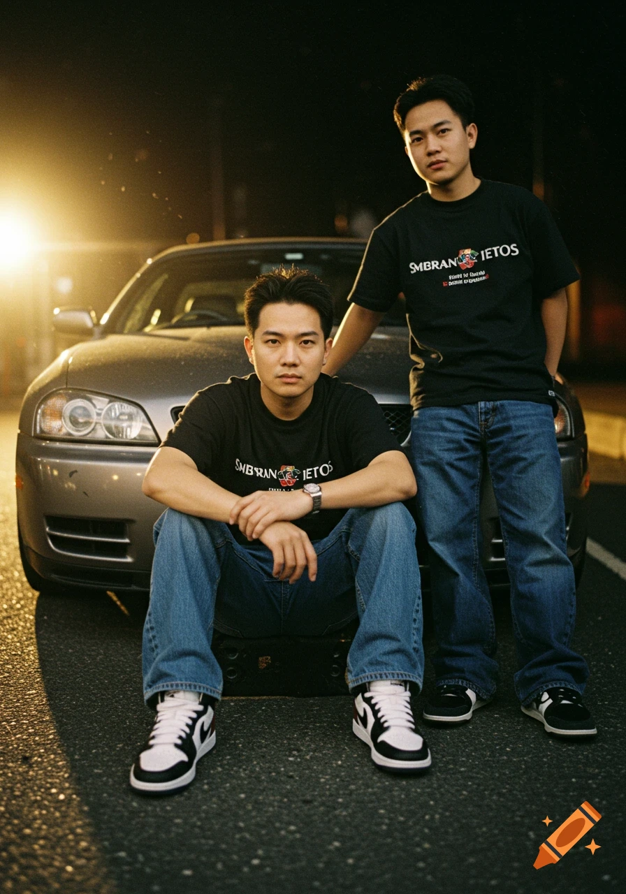 Two men in jeans and black t-shirts pose with a silver car at night, illuminated by flash in a grunge-style analog photo.
