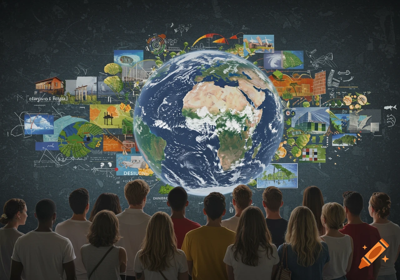 Multi-ethnic people seen from behind, viewing a large image of Earth surrounded by environmental and resource-related pictures on a dark wall.