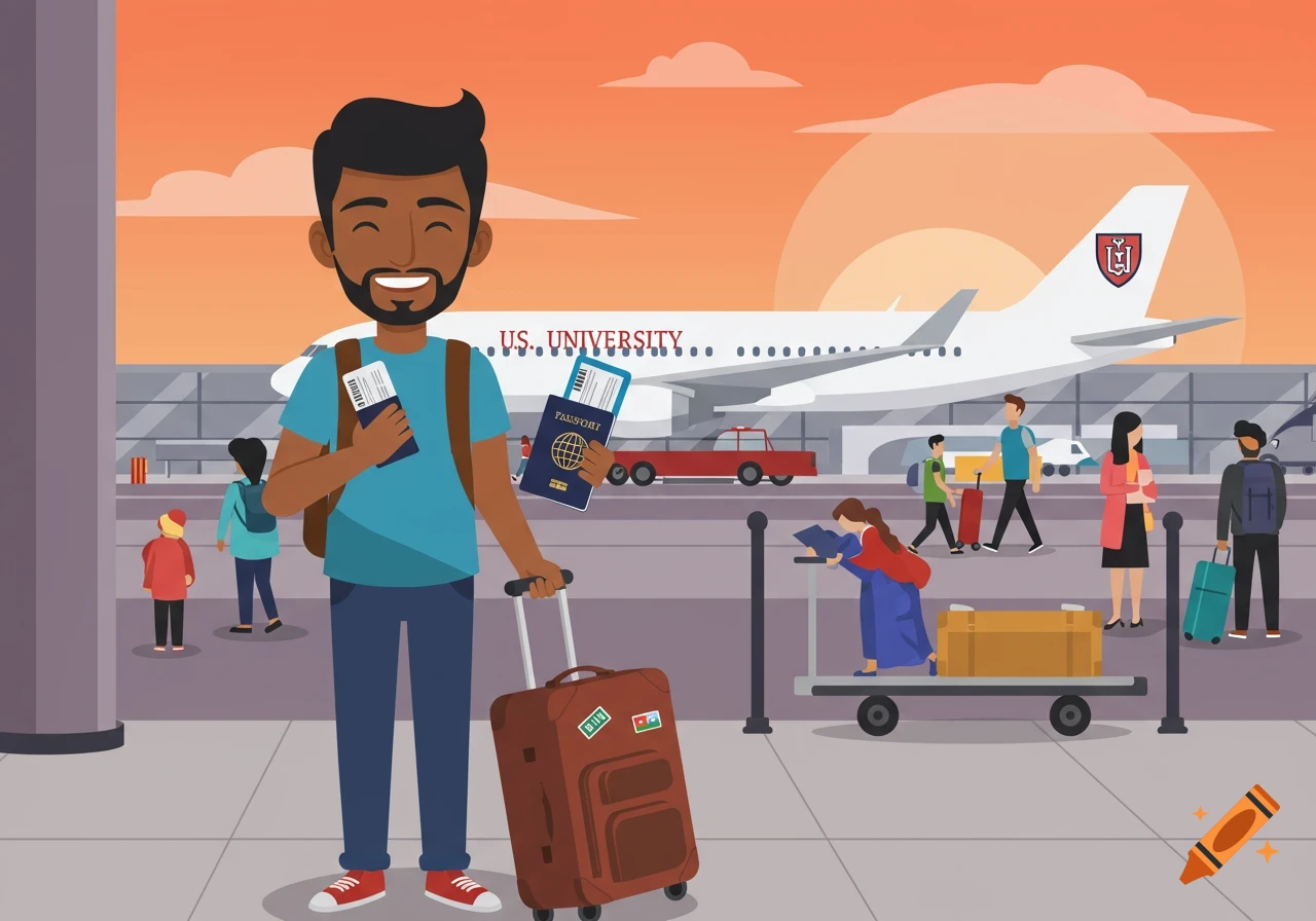 Smiling man with backpack and suitcase at airport holding passport and boarding pass, flat design.