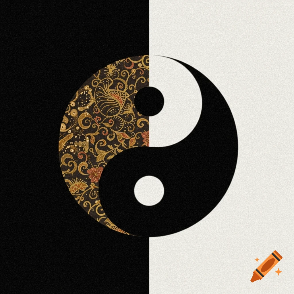 A stylized Yin-Yang symbol with the dark half featuring an intricate golden and reddish-brown floral pattern against a black background, and the light half solid white against a white background.