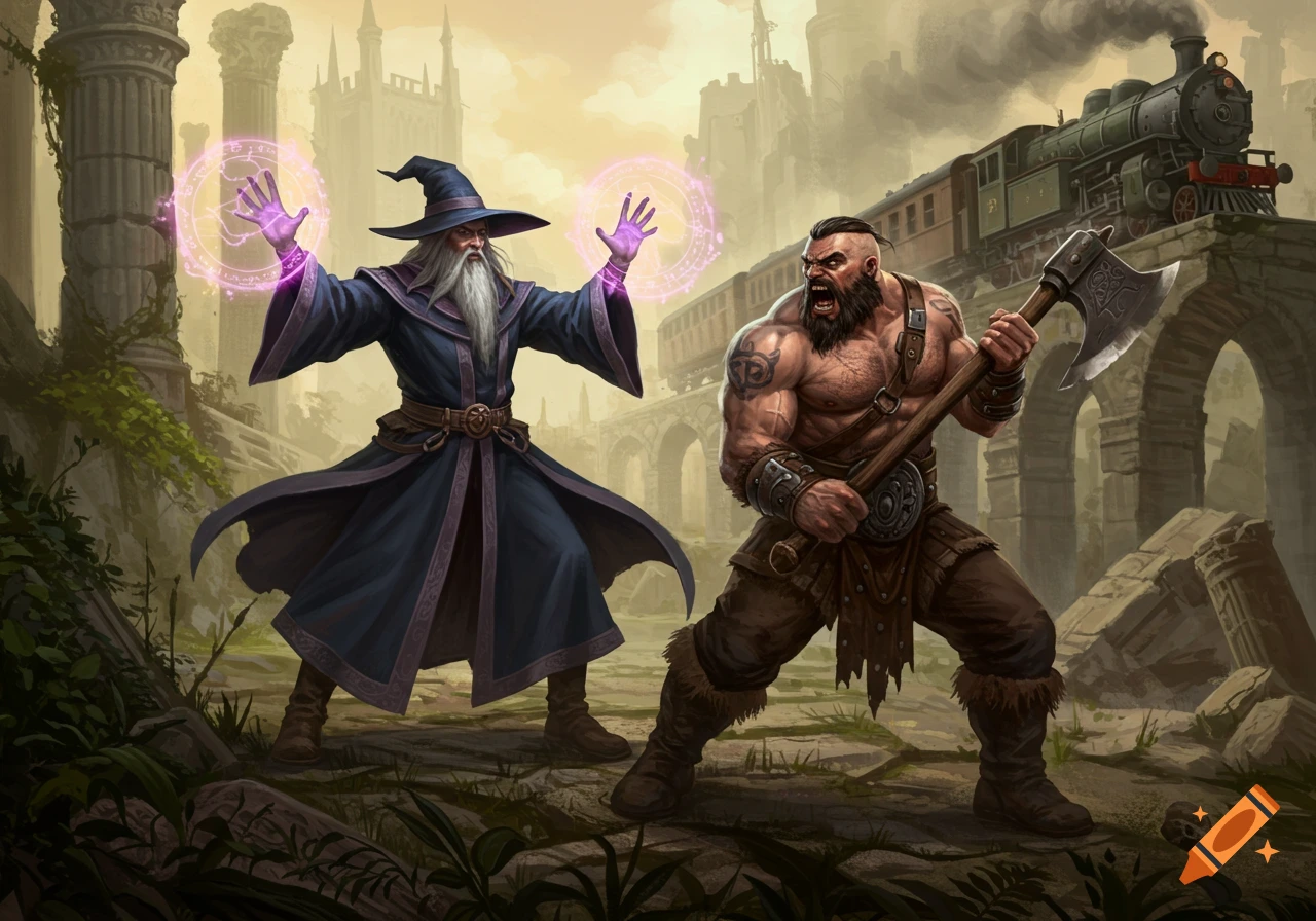 A fantasy digital painting shows a wizard casting spells at a warrior wielding an axe, with a train on a bridge in the background.