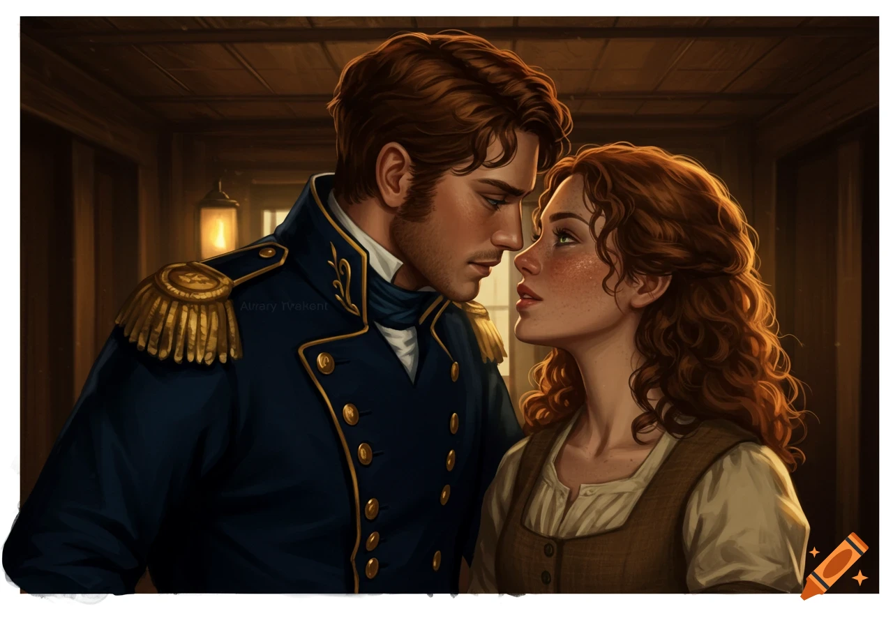 A painterly portrait of a man in a navy uniform and a woman in a rustic dress gazing intimately in a dimly lit ship cabin.
