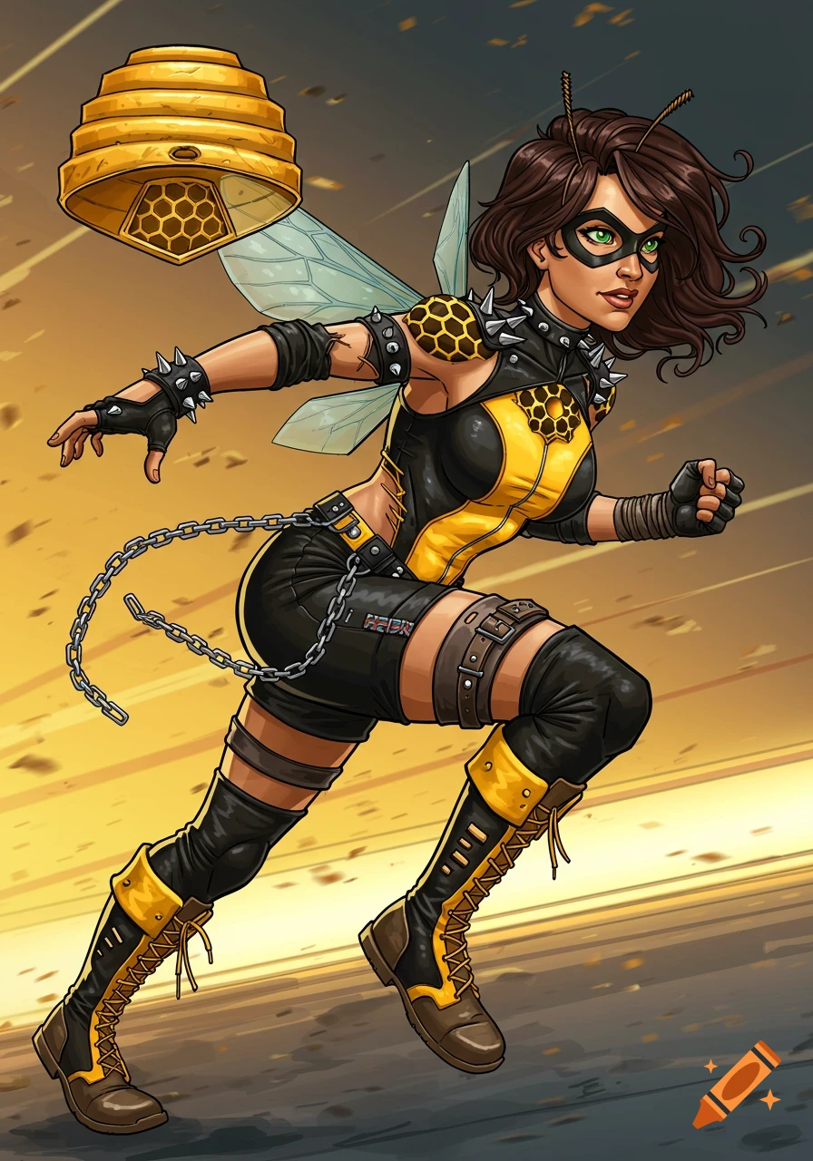 Comic book illustration of a brown-haired female superhero in a black and yellow bee-themed street punk outfit, running with a hovering beehive.
