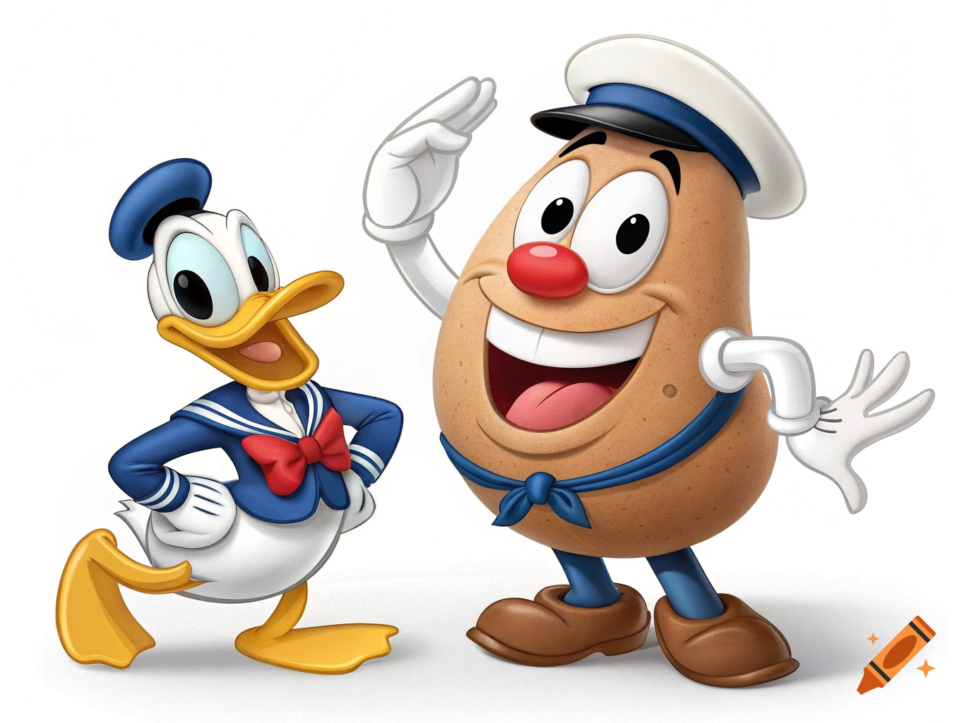 A smiling Donald Duck stands next to a saluting Mr. Potato Head, both in cartoon style on a white background.