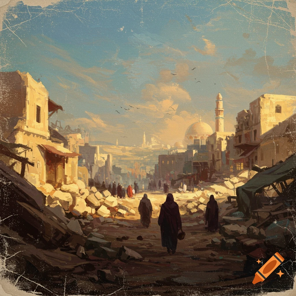 A textured painting of a ruined Middle Eastern city street with people walking amidst rubble, under a bright, cloudy sky.