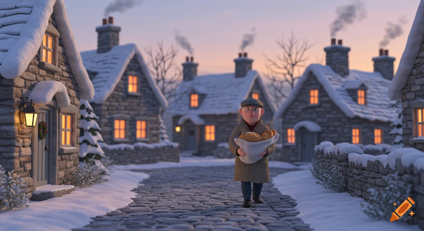 A kind baker walks through a peaceful, snow-covered village at dawn, carrying bread in a Pixar-style 3D animation.