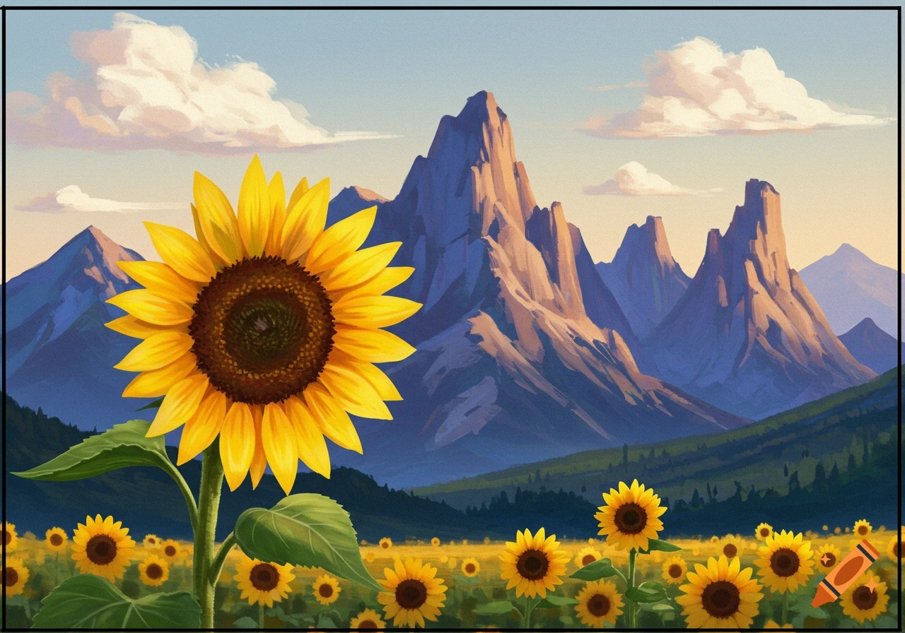 A vibrant, painterly landscape featuring a large sunflower in the foreground with a field of sunflowers and tall mountains under a blue sky.