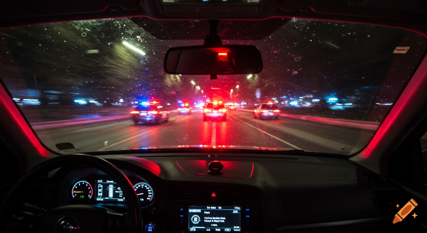 POV from inside a car at night, dashboard visible, looking out at a highway with multiple police cars flashing red and blue lights.