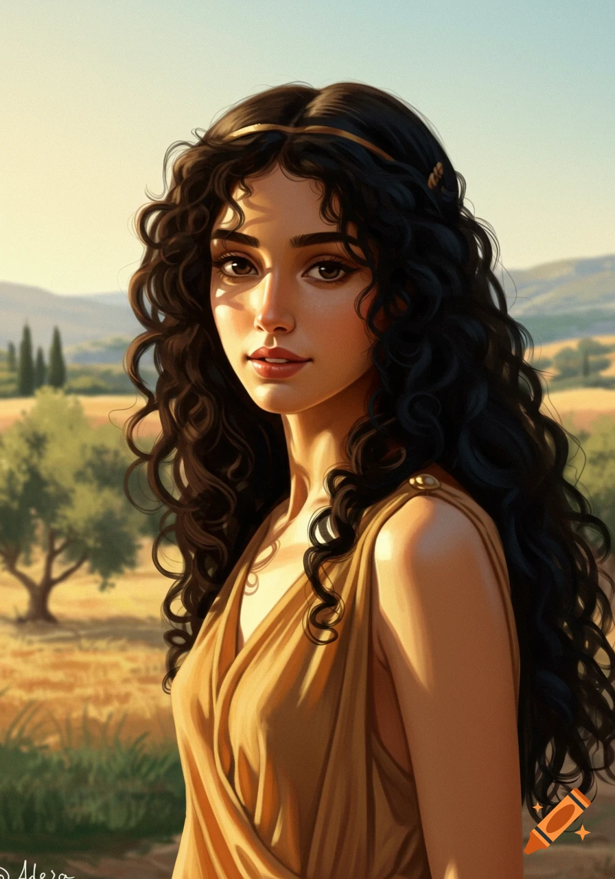 Portrait of a young woman with dark curly hair and a golden headband, wearing an ancient Greek-style dress, in a sunlit landscape.