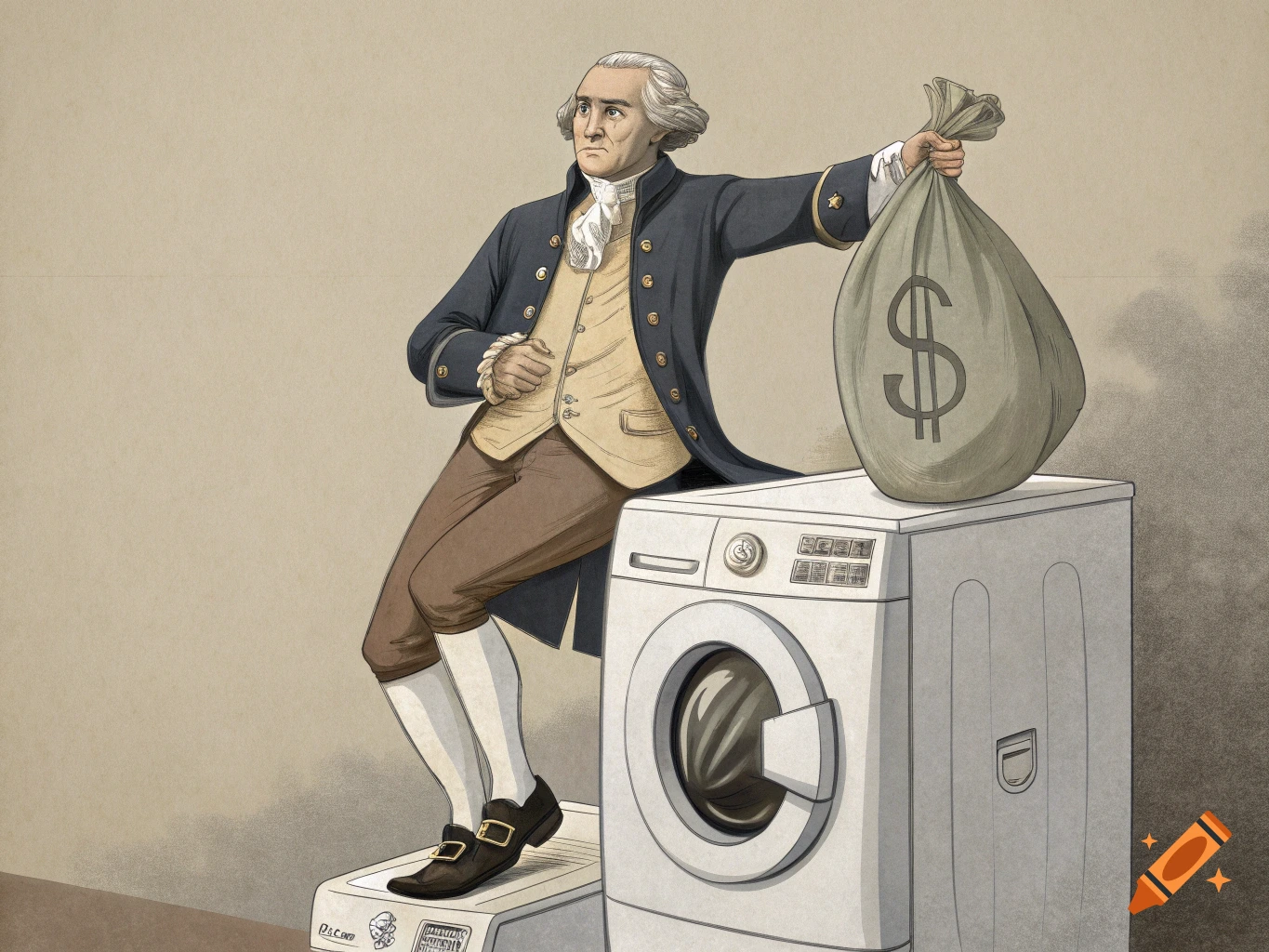 Illustration of George Washington in colonial attire holding a dollar bag and standing on a washing machine.