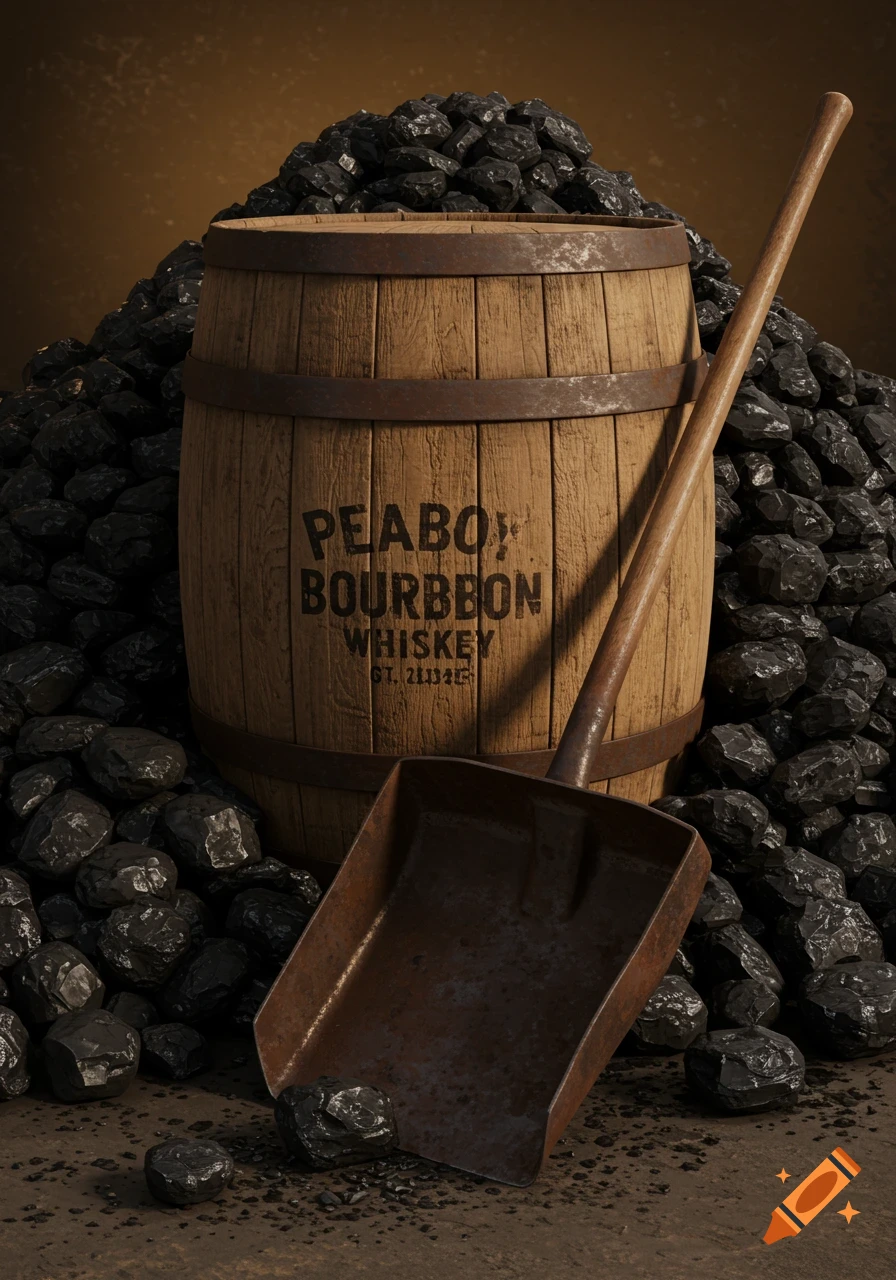 Photorealistic image of a wooden bourbon barrel labeled "PEABO! BOURBBON WHISKEY" surrounded by a large pile of coal and a rustic metal shovel leaning against the barrel.