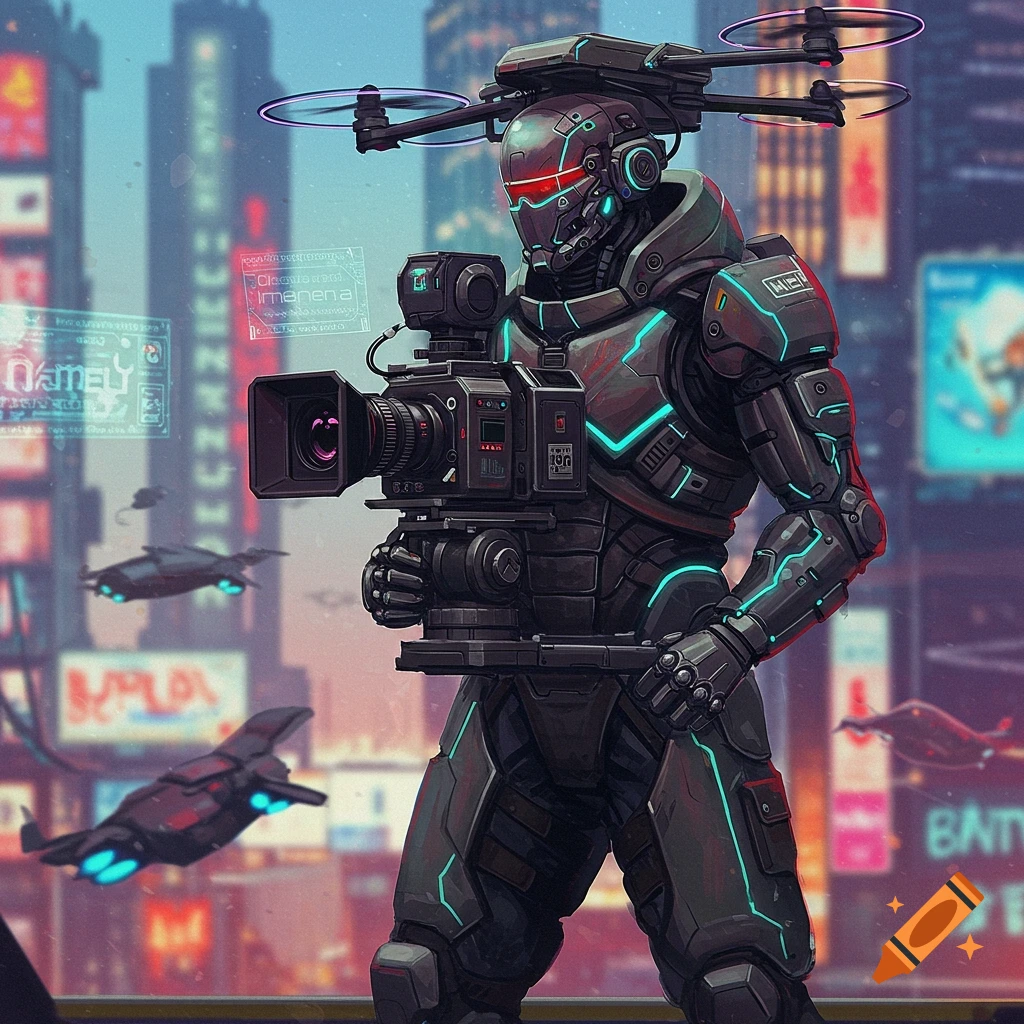 A futuristic robot with a large camera and drone propellers on its head stands in a cyberpunk city with neon signs and flying vehicles.