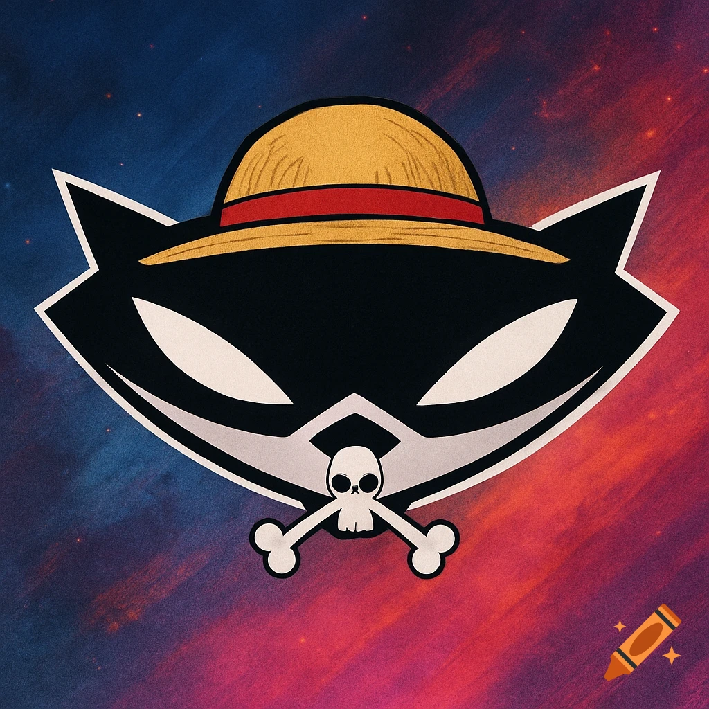 Stylized black raccoon head logo with white mask-like eyes, wearing a yellow straw hat with a red band, above a white skull and crossbones, on a cosmic red and blue background.