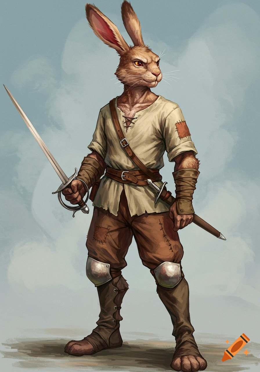 A detailed full-body portrait of an anthropomorphic rabbit warrior with a rapier, wearing a patched linen shirt and light armor.