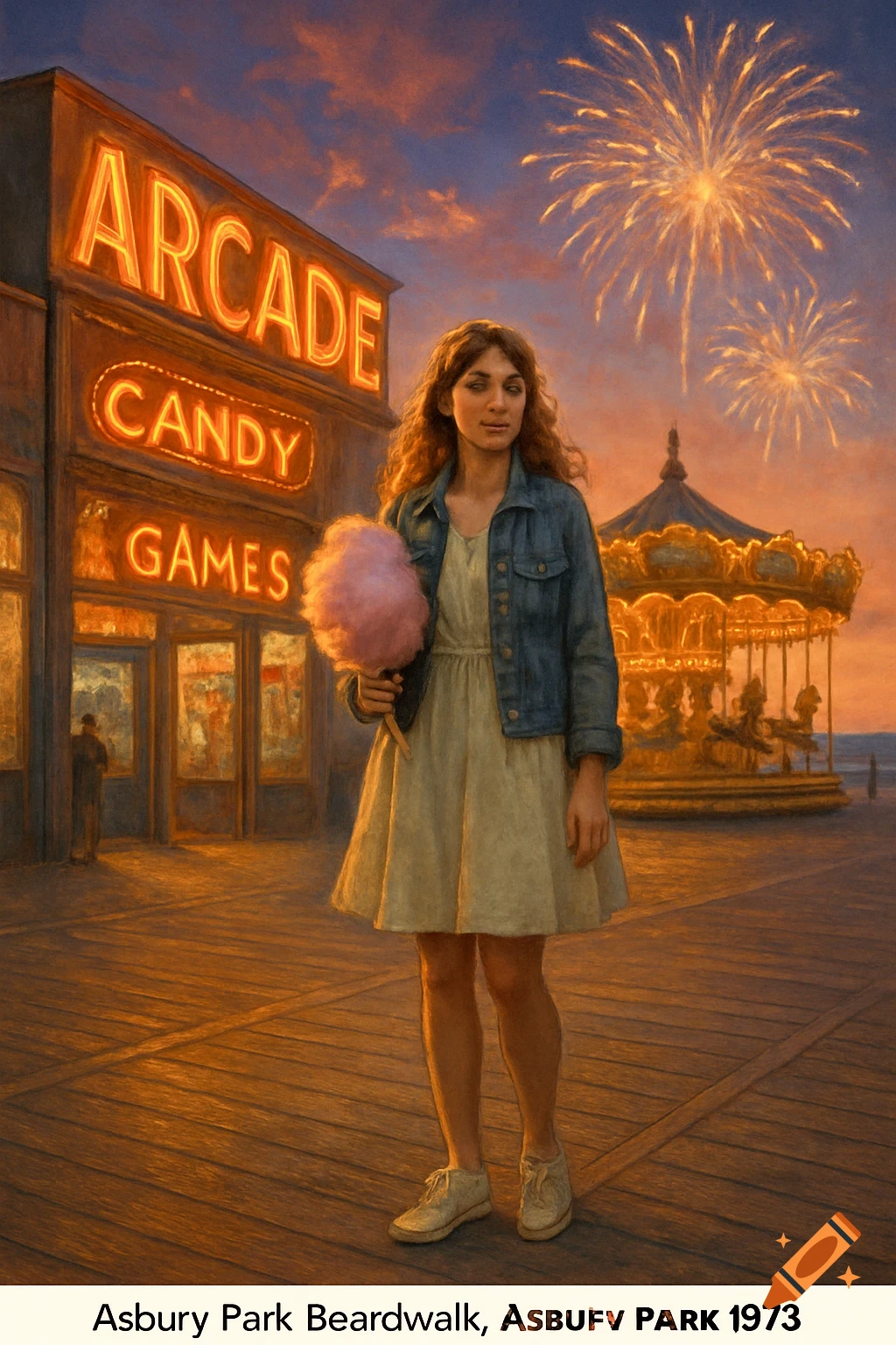 A young woman holds cotton candy on a boardwalk at sunset with a neon arcade, carousel, and fireworks in a painterly style.